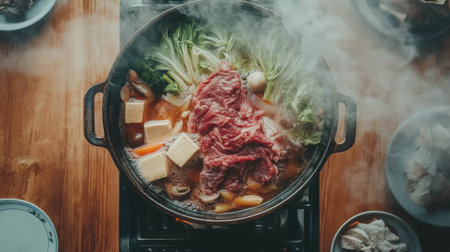 An inviting overhead view of a shabu shabu meal featuring fresh ingredients, steaming broth, and vibrant vegetables, perfect for a cozy dining experience.の素材