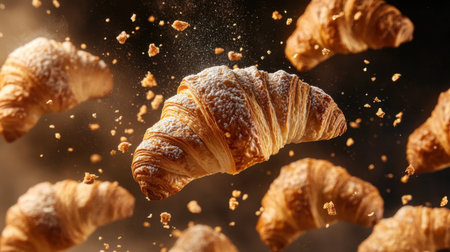 Experience the mesmerizing beauty of flaky croissants in mid-air, captured in a delightful moment. Perfect for food lovers and culinary artists.の素材