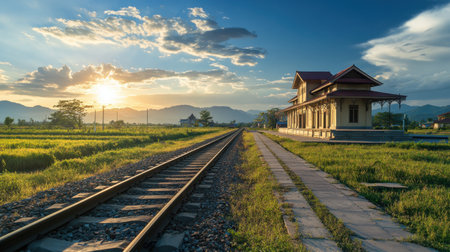 This image showcases a gleaming railway station in Laos, beautifully illuminated by daylight. The serene landscape features green fields, mountains, and a peaceful atmosphere.の素材