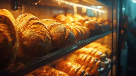 A close-up view of freshly baked bread loaves displayed on bakery shelves, showcasing their warm golden crusts and inviting texture, perfect for culinary enthusiasts.の素材