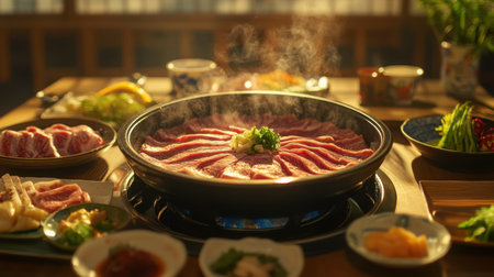 Enjoy a vibrant hot pot filled with thinly sliced wagyu beef and a variety of fresh vegetables, perfect for a warm and hearty meal experience.の素材