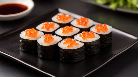 Experience the visual delight of artfully arranged sushi pieces topped with vibrant salmon roe, showcasing exquisite Japanese culinary craftsmanship.の素材