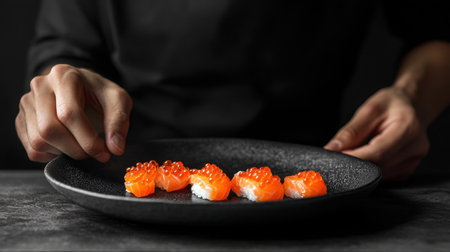 This striking image showcases artfully arranged sushi pieces topped with vibrant salmon roe on a sleek black plate, perfect for modern culinary presentations.の素材