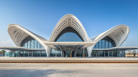 Explore the modern facade of Vientiane's distinctive architecture, showcasing innovative design elements and sleek lines against a vibrant sky.の素材