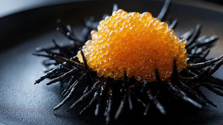 Close up view of a delicate sea urchin serving, showcasing its vibrant orange roe atop dark spines, perfect for gourmet culinary presentations.の素材