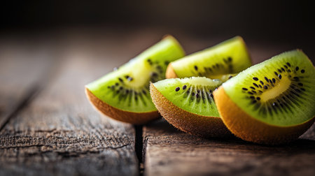 Discover the refreshing beauty of fresh kiwi fruit slices arranged on a rustic wooden table, showcasing vibrant green colors and natural textures.の素材