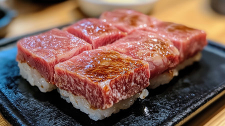 This high-definition close-up showcases luxurious wagyu sushi, highlighting the rich marbling and textures of the beef combined with sushi rice. Ideal for food enthusiasts.の素材
