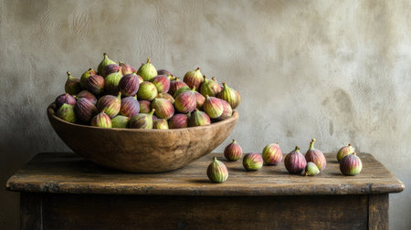 A charming wooden bowl overflows with fresh figs, showcasing an abundance of vibrant fruit. Ideal for culinary themes, rustic decor, or seasonal delights.の素材