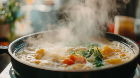 A vibrant scene showcasing fresh ingredients cooking in a pan, creating a delicious and aromatic dish. Steam rises, highlighting the warmth and comfort of home cooking.の素材