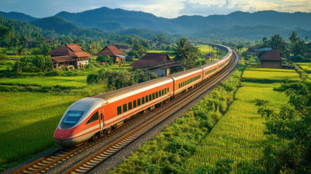 A stunning panoramic view captures a medium-speed train traveling through lush green landscapes, surrounded by mountains and fields, evoking a sense of adventure.の素材