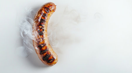 A dynamic image of a grilled sausage resting on a white background, surrounded by wisps of smoke. Perfect for culinary-themed projects showcasing delicious meats.の素材