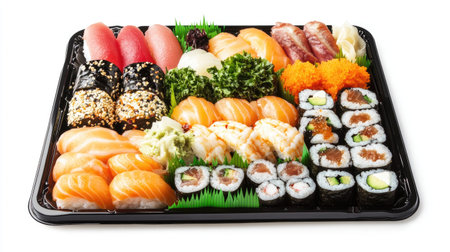 A stunning selection of beautifully arranged mixed sushi, showcasing vibrant colors and fresh ingredients, perfect for any dining occasion or culinary photography.の素材