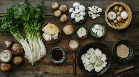 A rustic Japanese table beautifully adorned with traditional ingredients, showcasing an array of fresh mushrooms and vegetables, ideal for culinary inspiration.の素材