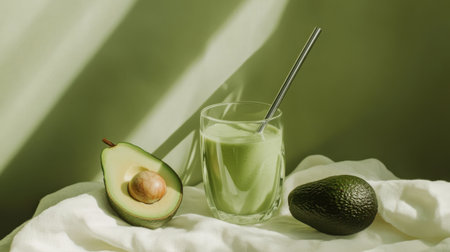 A stylish avocado smoothie served in a transparent cup, surrounded by fresh avocados. Perfect for a healthy, refreshing drink that embodies a modern lifestyle.の素材