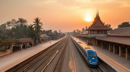 Experience a serene morning at Vientiane's train station, where a sleek train glides along the tracks bathed in soft sunlight against a picturesque backdrop.の素材