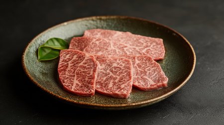 Discover the luxurious appeal of premium wagyu beef slices displayed elegantly on a plate, showcasing exquisite marbling and freshness for gourmet meals.の素材