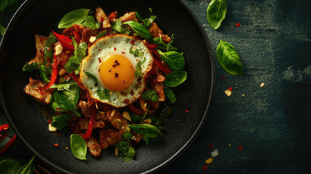 This tantalizing dish features stir-fried pork, fresh basil, and a sunny-side-up egg, creating a delightful combination of flavors and colors perfect for any meal.の素材