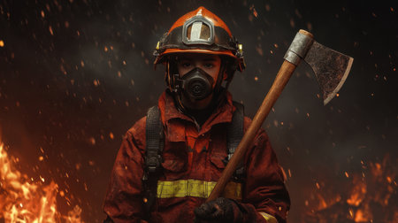A young fireman stands ready for action, fully equipped with an axe and protective gear amidst a dramatic background of flames and smoke.の素材