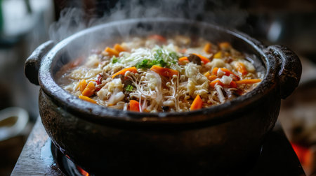 A rustic traditional clay pot filled with vibrant and colorful ingredients, simmering gently and releasing aromatic steam, perfect for a nourishing meal.の素材