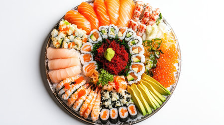 A stunning top view of a colorful sushi platter featuring a variety of fresh sushi, including salmon, shrimp, rolls, and garnishes, perfect for any gathering.の素材