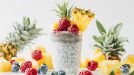 A vibrant and refreshing smoothie in a clear cup, featuring creamy chia seeds topped with pineapple and fresh berries, ideal for a healthy snack or breakfast.の素材