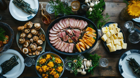 Discover a vibrant Japanese hotpot spread featuring thinly sliced meats, vegetables, and herbs, perfect for a memorable dining experience with friends and family.の素材