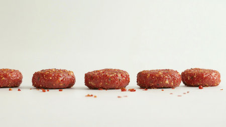 A visually appealing display of fresh raw burger patties, seasoned and ready for grilling. Ideal for food-related projects and culinary presentations.の素材