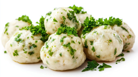 Enjoy a close-up view of delicious herb-infused dumplings, showcasing their fresh ingredients and inviting texture. Perfect for culinary inspiration!の素材