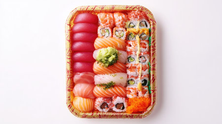 This enticing sushi platter showcases a colorful assortment of sushi rolls, nigiri, and sashimi. Captured from above, it features fresh ingredients arranged beautifully for an eye-catching culinary experience.の素材