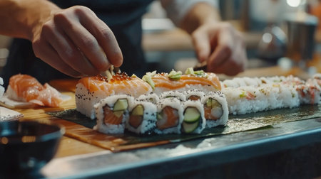 A sushi chef skillfully rolls fresh sushi, showcasing the precision and artistry involved in sushi preparation. Experience the vibrant colors and textures of this culinary delight.の素材