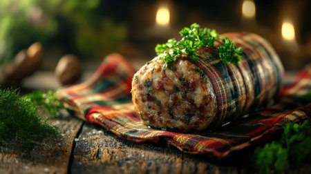 A close-up shot of traditional haggis wrapped in tartan cloth, highlighting its rustic charm and rich texture. Perfect for food enthusiasts and cultural photography.の素材
