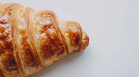 A deliciously flaky croissant with a golden brown crust, captured on a clean white background, perfect for showcasing bakery delights and breakfast treats.の素材