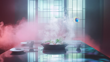 Experience the warmth and elegance of a beautifully arranged shabu shabu hotpot, surrounded by steam, inviting a delightful culinary gathering. Enjoy the vibrant atmosphere and fresh ingredients.の素材