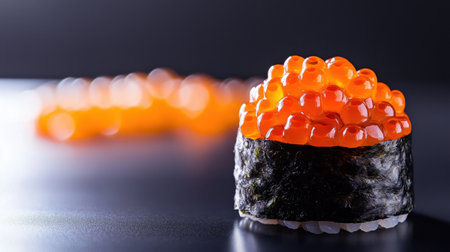 A stunning display of sushi featuring vibrant salmon roe atop a delicate rice base, perfect for gourmet meals and culinary presentations.の素材