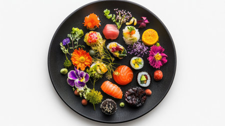 A vibrant and artistic display of assorted sushi and garnishes on a sleek black plate, perfect for showcasing gourmet dining and culinary creativity.の素材