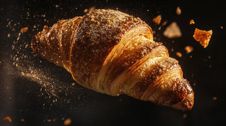 A beautifully captured golden croissant tumbling through the air, with delicious crumbs scattering around it, showcasing its flaky texture and rich color.の素材
