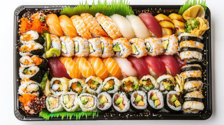 A stunning top view of a lavish sushi platter showcasing a variety of colorful sushi and sashimi. Perfect for gourmet dining or special occasions.の素材