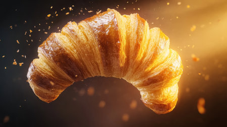 A stunning view of a buttery croissant showcasing its flaky layers, captured in mid-fall against a warm backdrop, perfect for culinary inspiration.の素材
