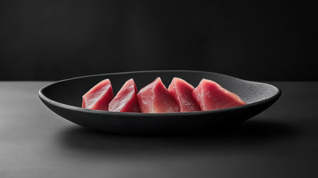 A striking black ceramic plate elegantly showcases beautifully arranged slices of fresh tuna, perfect for gourmet dining and visual appeal.の素材