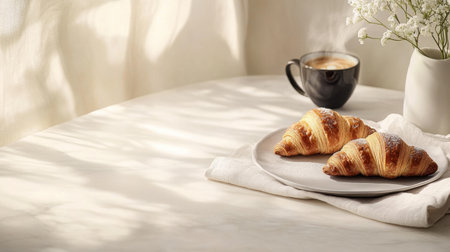 Enjoy a beautiful breakfast setup featuring fresh croissants, a steaming cup of coffee, and delicate flowers, creating a serene and elegant atmosphere.の素材