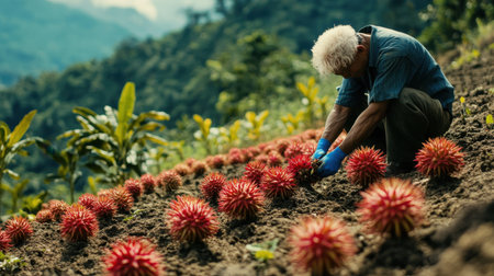 A dedicated farmer tends to rambutan saplings in a vibrant tropical field. The lush landscape showcases agriculture's beauty and the importance of sustainable practices.の素材
