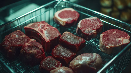 A stunning close-up shot of fresh meat cuts, showcasing rich textures and colors, perfect for culinary projects, food photography, and recipe presentations.の素材