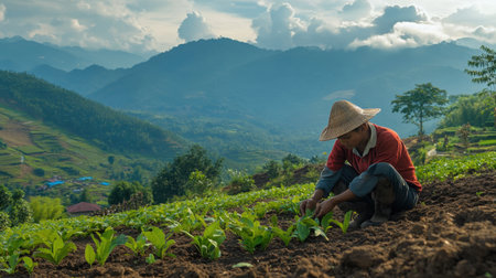 A dedicated farmer plants rambutan saplings on a scenic mountain landscape, showcasing the harmony between agriculture and nature in a thriving rural setting.の素材