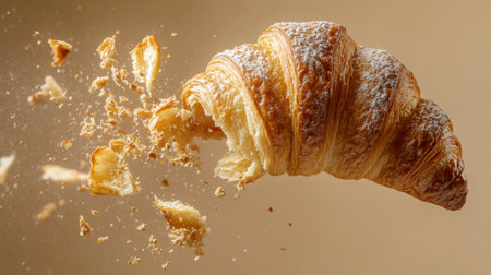 A golden croissant captured in motion, breaking apart as it flies, showcasing its flaky texture and scattered crumbs. Perfect for food enthusiasts.の素材