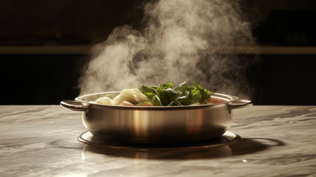 A stunning hotpot filled with fresh ingredients and steam rising, creating a cozy atmosphere. Perfect for culinary enthusiasts and food photography.の素材