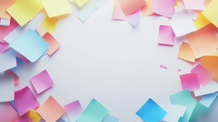 A vibrant collection of multicolored sticky notes arranged around a blank background, ideal for creative projects, organization, or inspirational messages. Perfect for showcasing ideas.の素材