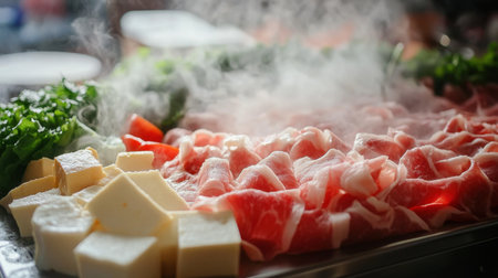 A vibrant arrangement of fresh ingredients for shabu shabu hotpot, featuring tender meat slices, fresh vegetables, and a flavorful broth, perfect for a shared meal.の素材