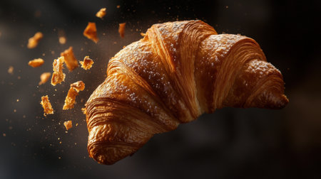 A mesmerizing image of a croissant floating through the air, surrounded by delicate crumbs. Capture the essence of freshness and indulgence in this artistic food shot.の素材