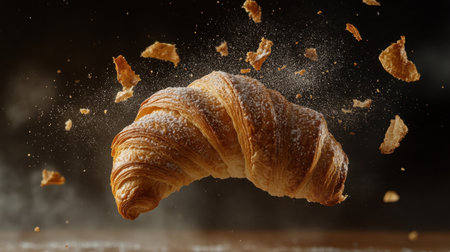 Experience the beauty of a fresh croissant soaring gracefully through the air, surrounded by scattering crumbs, capturing the essence of delicious pastries.の素材