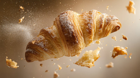 A fresh croissant breaking into delightful pieces, showcasing its flaky texture and golden color. Perfect for culinary and food photography projects.の素材
